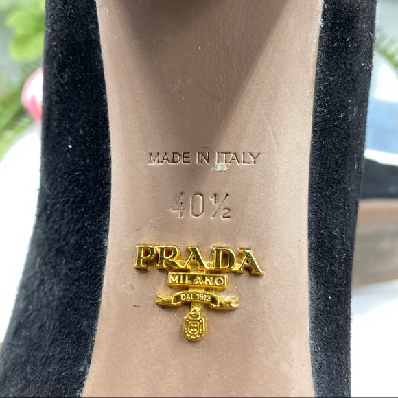 Prada Sz 10 1/2 Black Suede Captoe Silver Logo on Heel - Picture 9 of 10